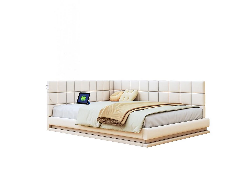 Canapé-lit 160x200 cm, LED musicale, USB, sommier à lattes, lin, convertible en lit, confortable, beige