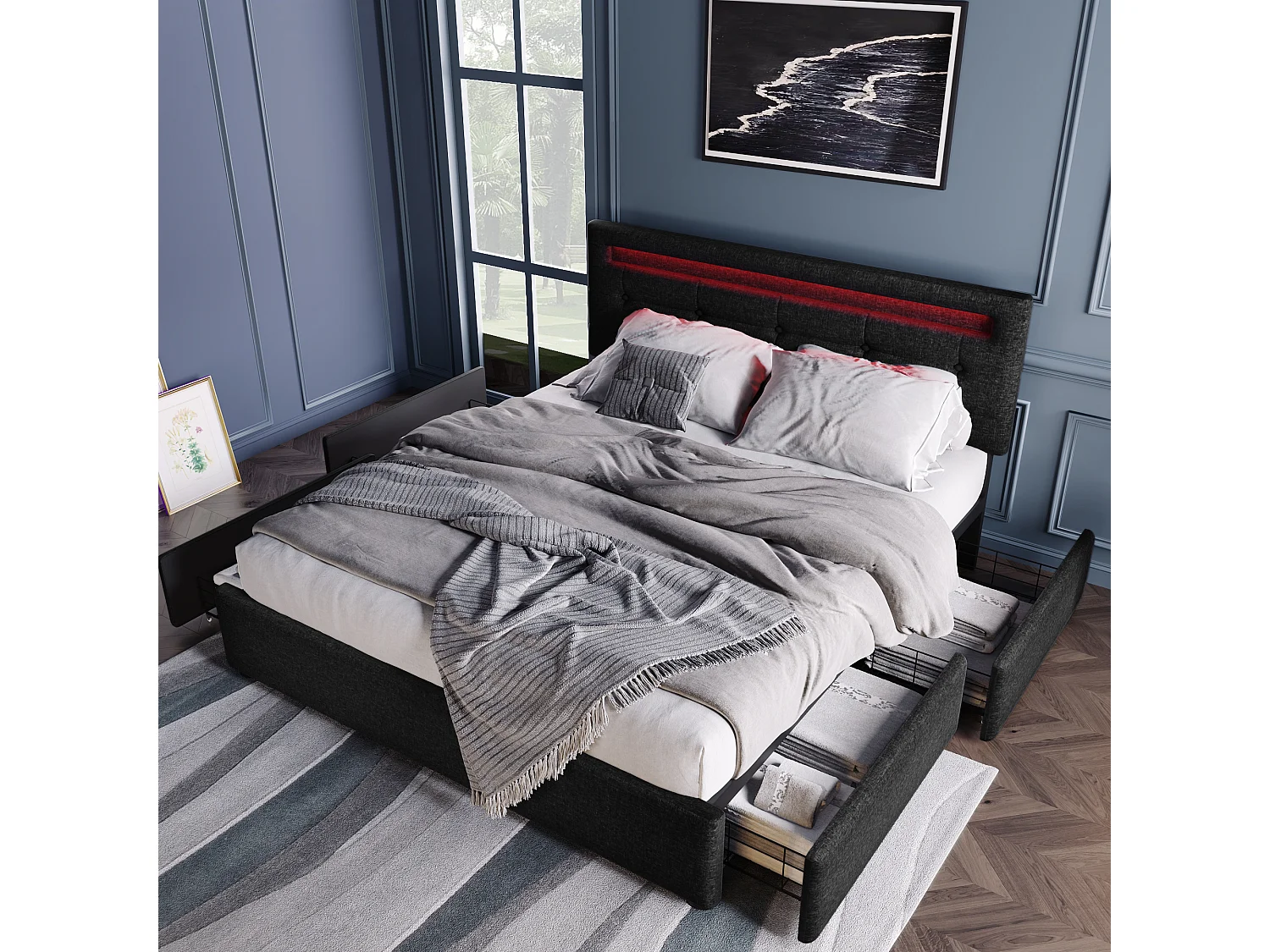Lit Double 140x200cm, 4 Tiroirs, LED, Bois, Lattes, Réglable, 4 Grandes Rangements, Sans Matelas, Noir