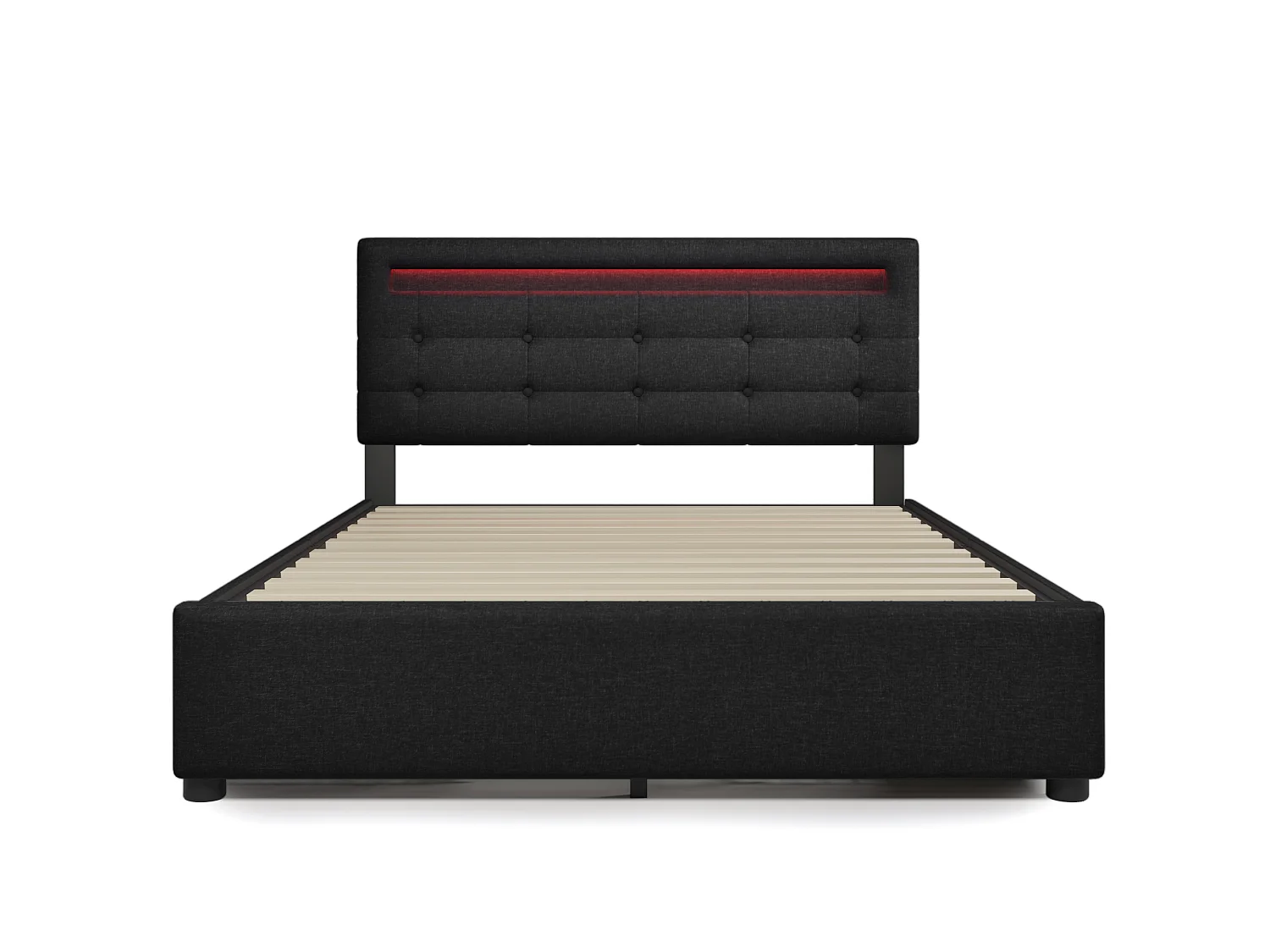 Lit Double 140x200cm, 4 Tiroirs, LED, Bois, Lattes, Réglable, 4 Grandes Rangements, Sans Matelas, Noir