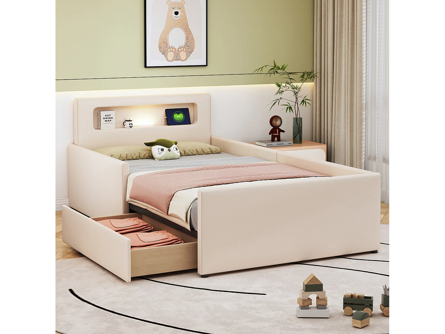 Lit enfant tapissier 90x200 cm avec USB, veilleuse intégrée, rangements, côtés surélevés, similicuir beige