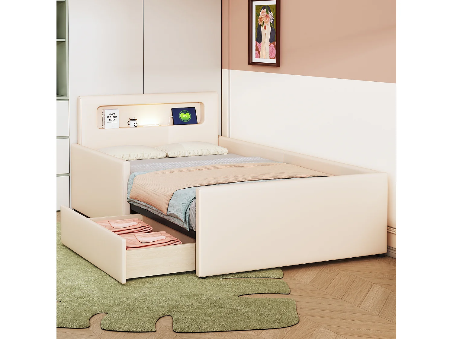 Lit enfant tapissier 90x200 cm avec USB, veilleuse intégrée, rangements, côtés surélevés, similicuir beige