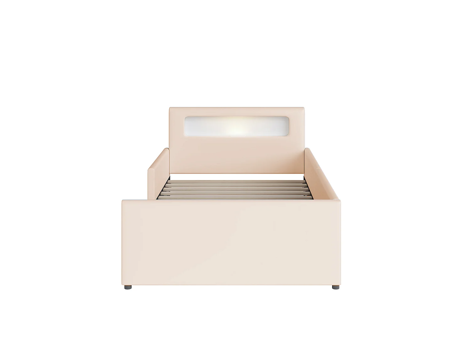Lit enfant tapissier 90x200 cm avec USB, veilleuse intégrée, rangements, côtés surélevés, similicuir beige