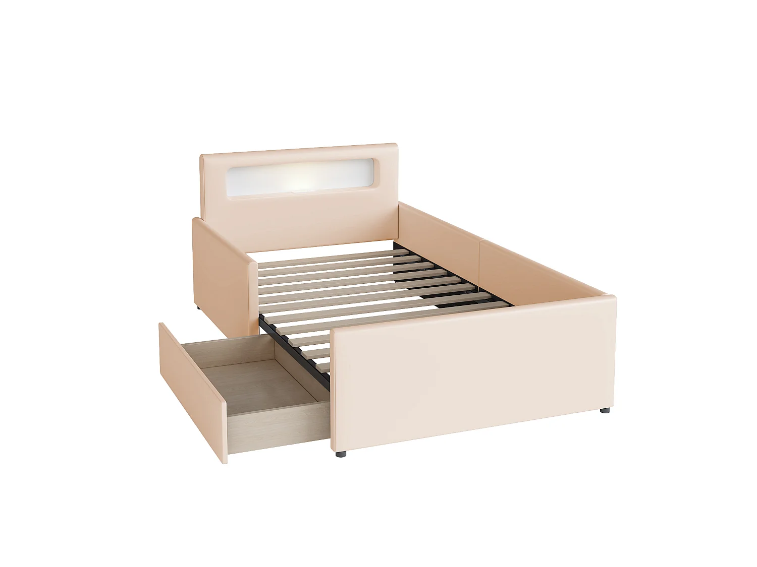Lit enfant tapissier 90x200 cm avec USB, veilleuse intégrée, rangements, côtés surélevés, similicuir beige
