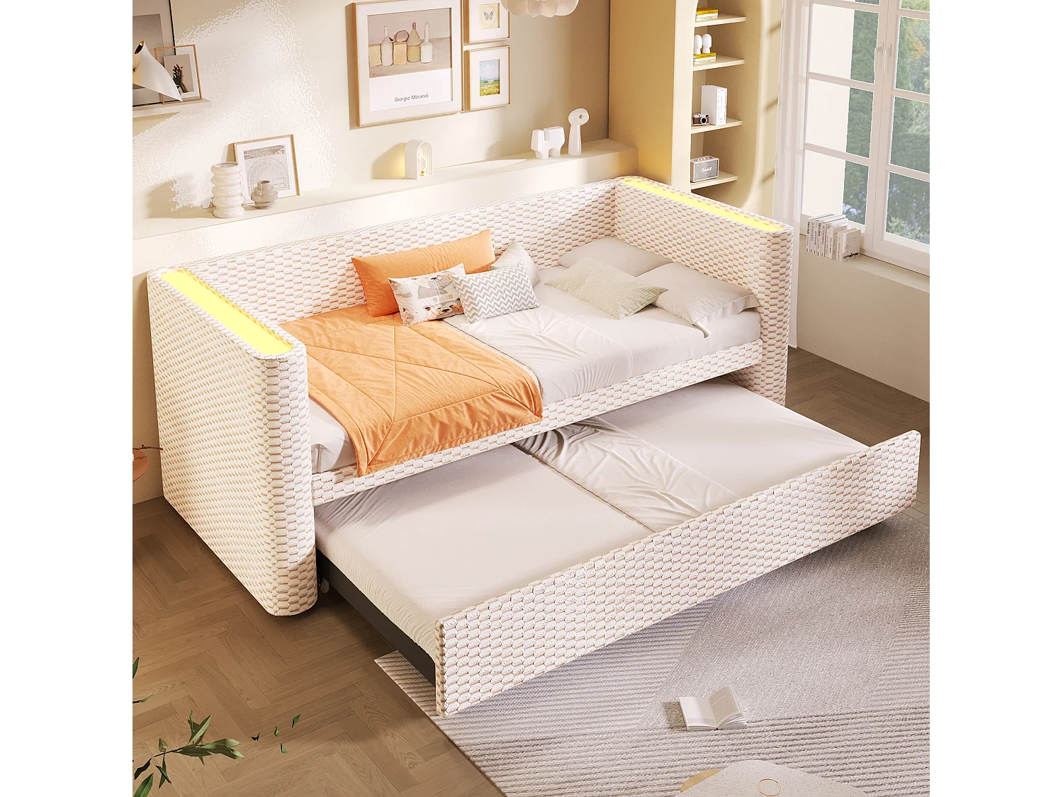 Daybed extensible 90 x 200 cm, lit 180 x 200 cm, canapé-lit en velours beige, sommier à lattes, LED, Beige