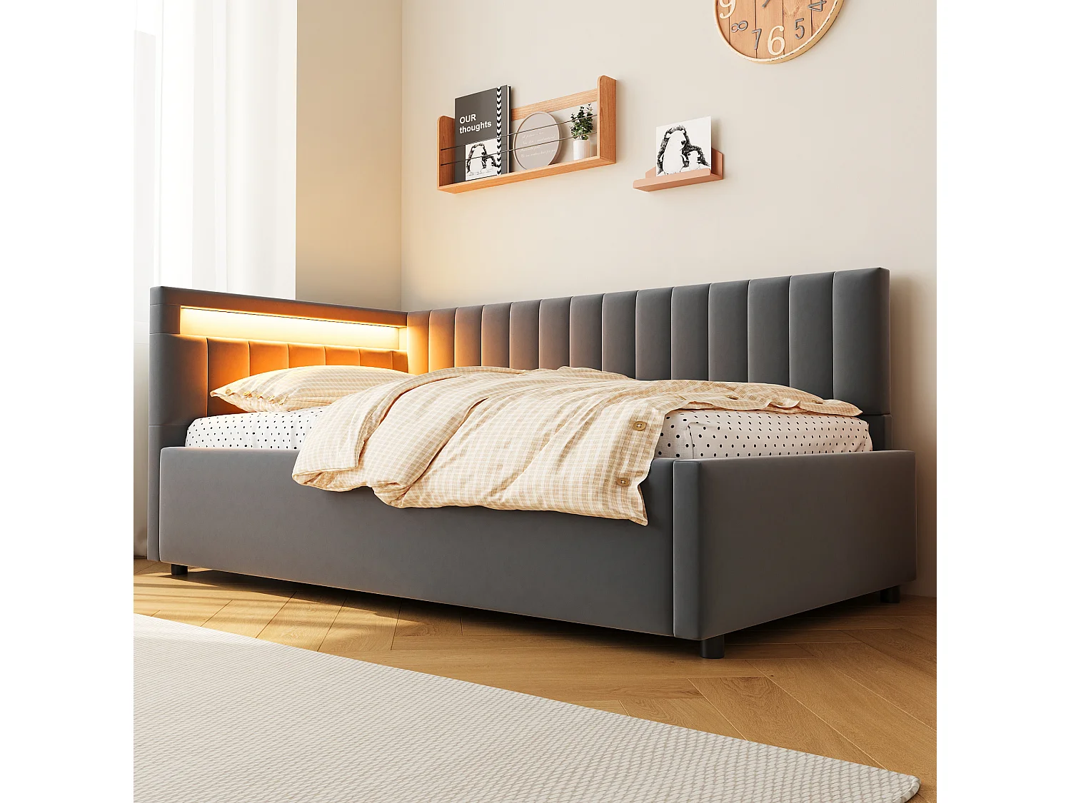 Canapé lit tapissier 90x200 cm avec LED, rangement hydraulique, têtes latérales réversibles, rayures verticales, velours gris