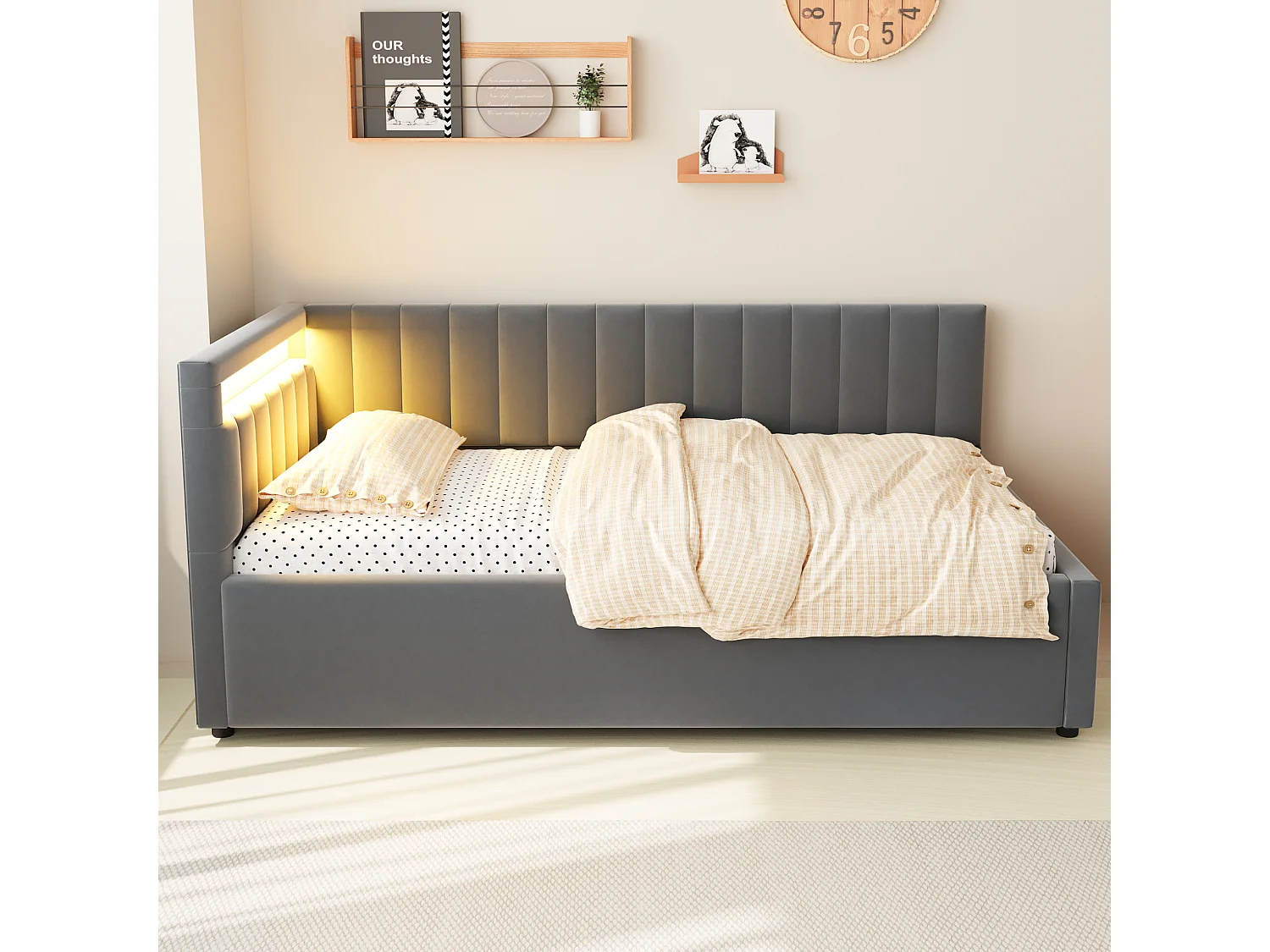 Canapé lit tapissier 90x200 cm avec LED, rangement hydraulique, têtes latérales réversibles, rayures verticales, velours gris