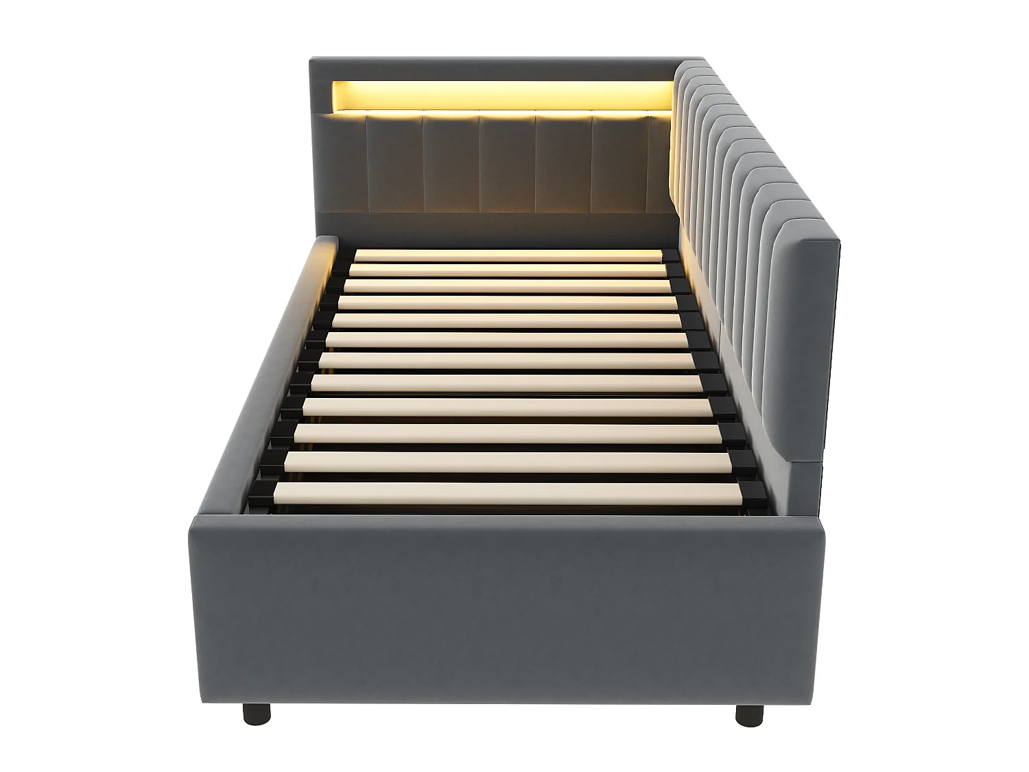 Canapé lit tapissier 90x200 cm avec LED, rangement hydraulique, têtes latérales réversibles, rayures verticales, velours gris