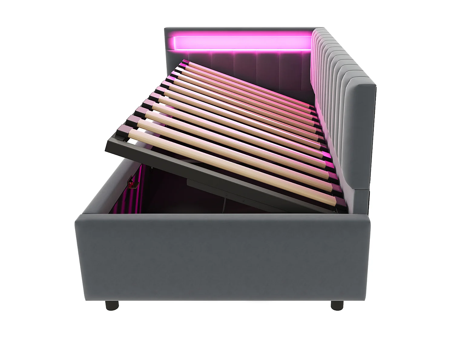 Canapé lit tapissier 90x200 cm avec LED, rangement hydraulique, têtes latérales réversibles, rayures verticales, velours gris