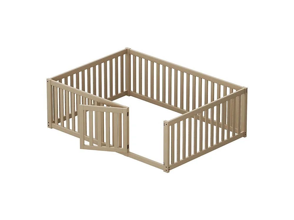 Lit enfant 140x200 cm bois, cadre au sol avec barrière et porte, pin massif, sans sommier, sécurisé et ludique, naturel