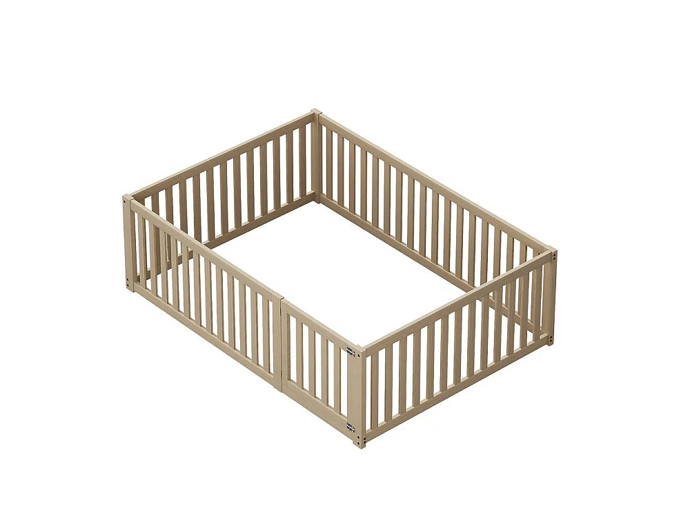 Lit enfant 140x200 cm bois, cadre au sol avec barrière et porte, pin massif, sans sommier, sécurisé et ludique, naturel