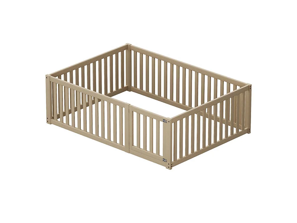 Lit enfant 140x200 cm bois, cadre au sol avec barrière et porte, pin massif, sans sommier, sécurisé et ludique, naturel
