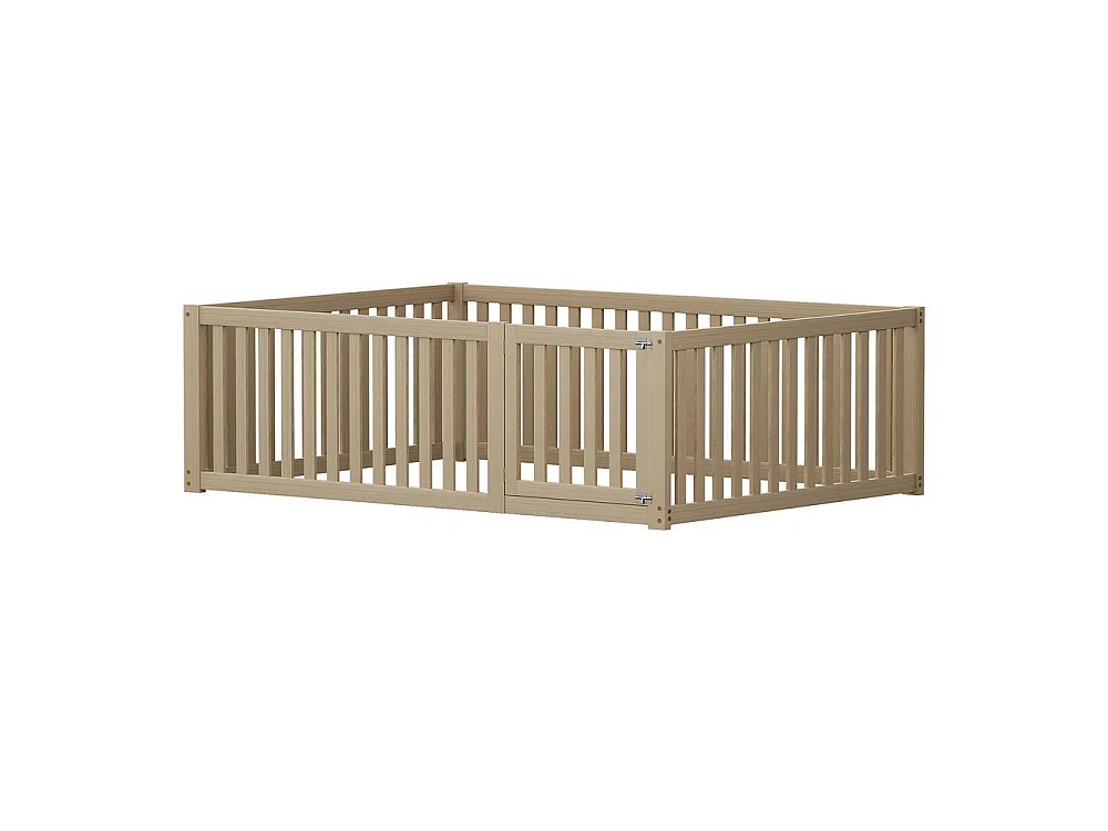Lit enfant 140x200 cm bois, cadre au sol avec barrière et porte, pin massif, sans sommier, sécurisé et ludique, naturel