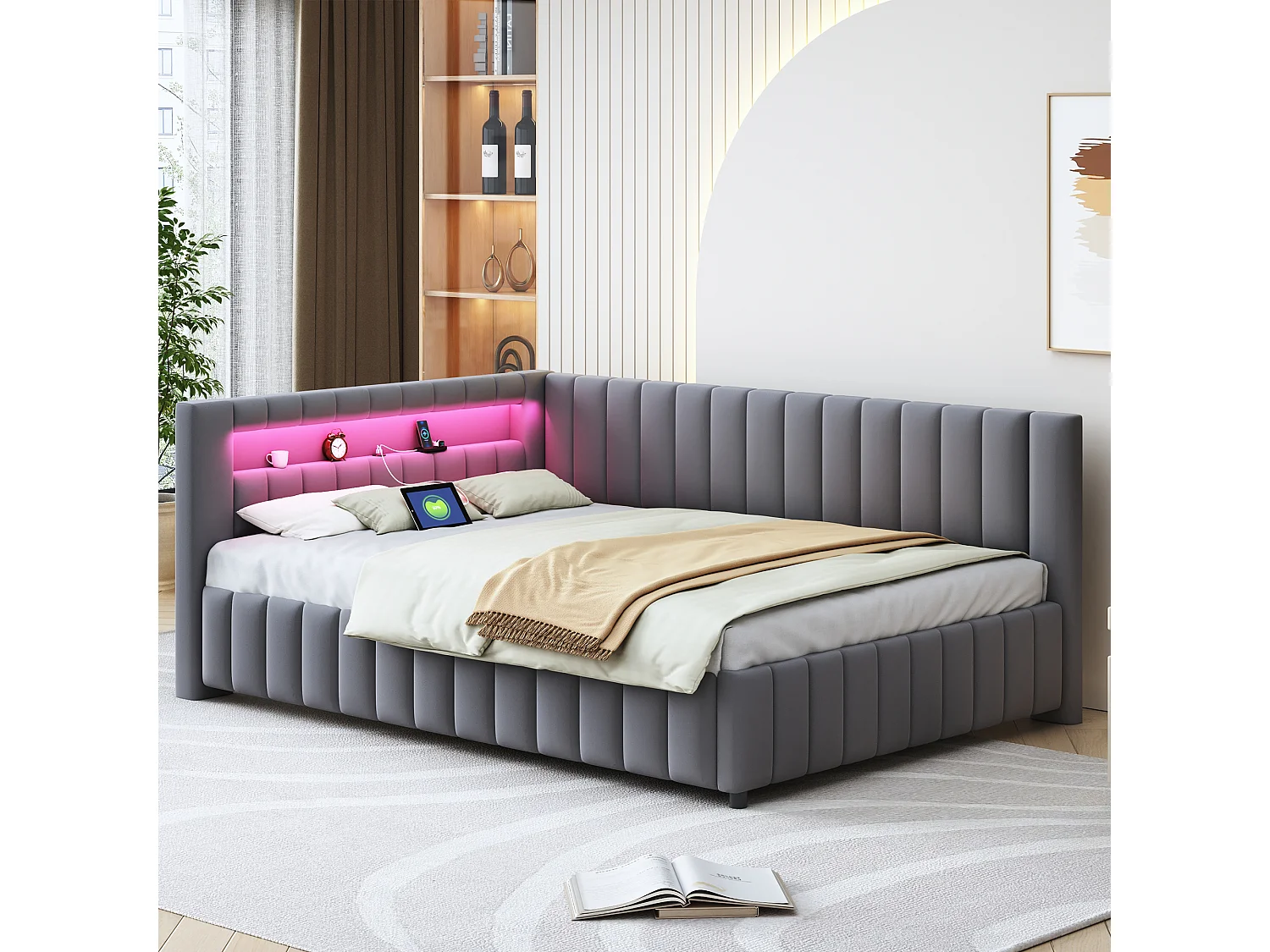 Lit Capitonné 140x200 cm, Canapé Lit, LED, USB, L Forme, Tête, Dossier, Lattes, Salon, Chambre, Invité, Velours Gris
