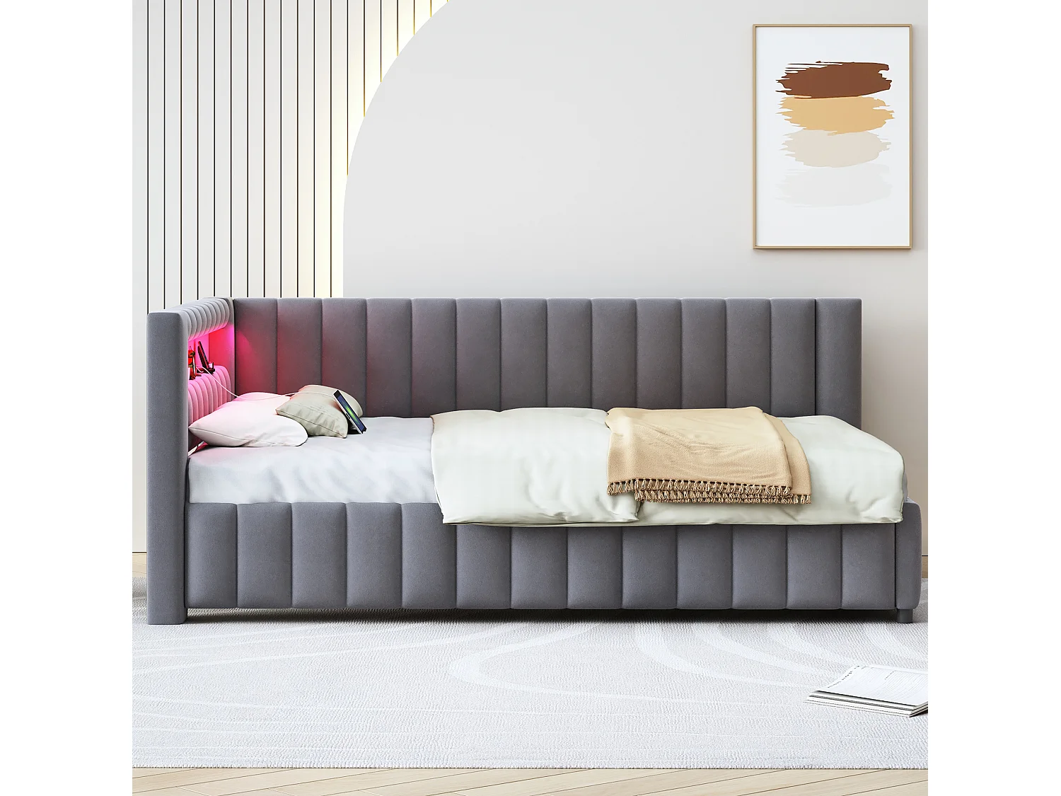Lit Capitonné 140x200 cm, Canapé Lit, LED, USB, L Forme, Tête, Dossier, Lattes, Salon, Chambre, Invité, Velours Gris
