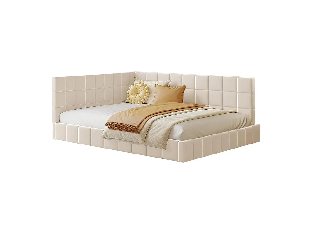 Lit canapé 140x200 cm en velours, convertible en sofa, sommier à lattes, coffre intégré, confortable, design moderne, beige