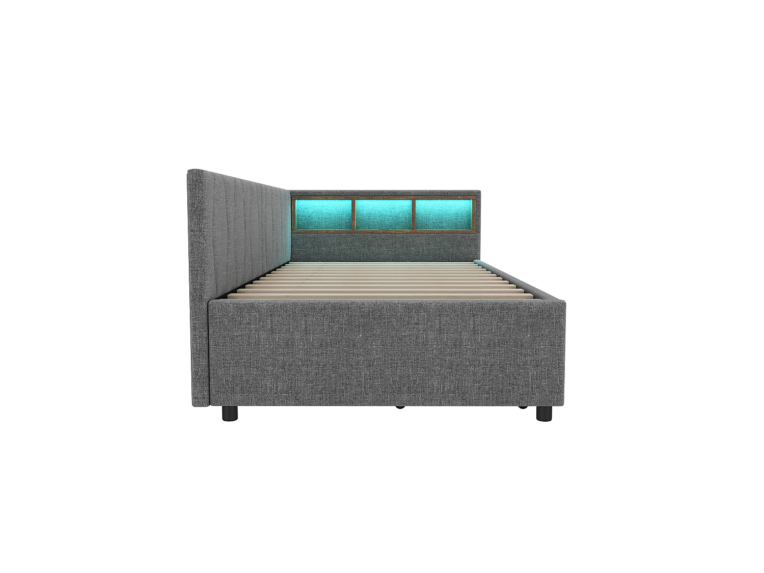 Banquette Lit Lin Gris 90x200 cm avec LED Télécommande, Prises USB Type-C, 2 Tiroirs et Rangement Tête de Lit, Canapé Convertible