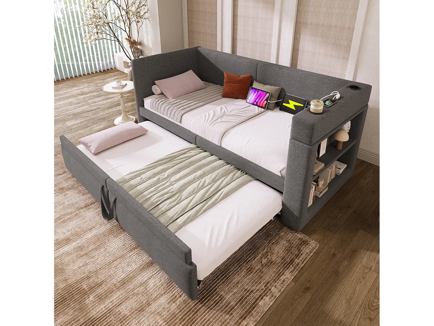 Canapé Lit 90x200 Gris, 1 Pers, Tiroir Coulissant, Bras USB C, Tissu Toile, Matelas Non Inclus