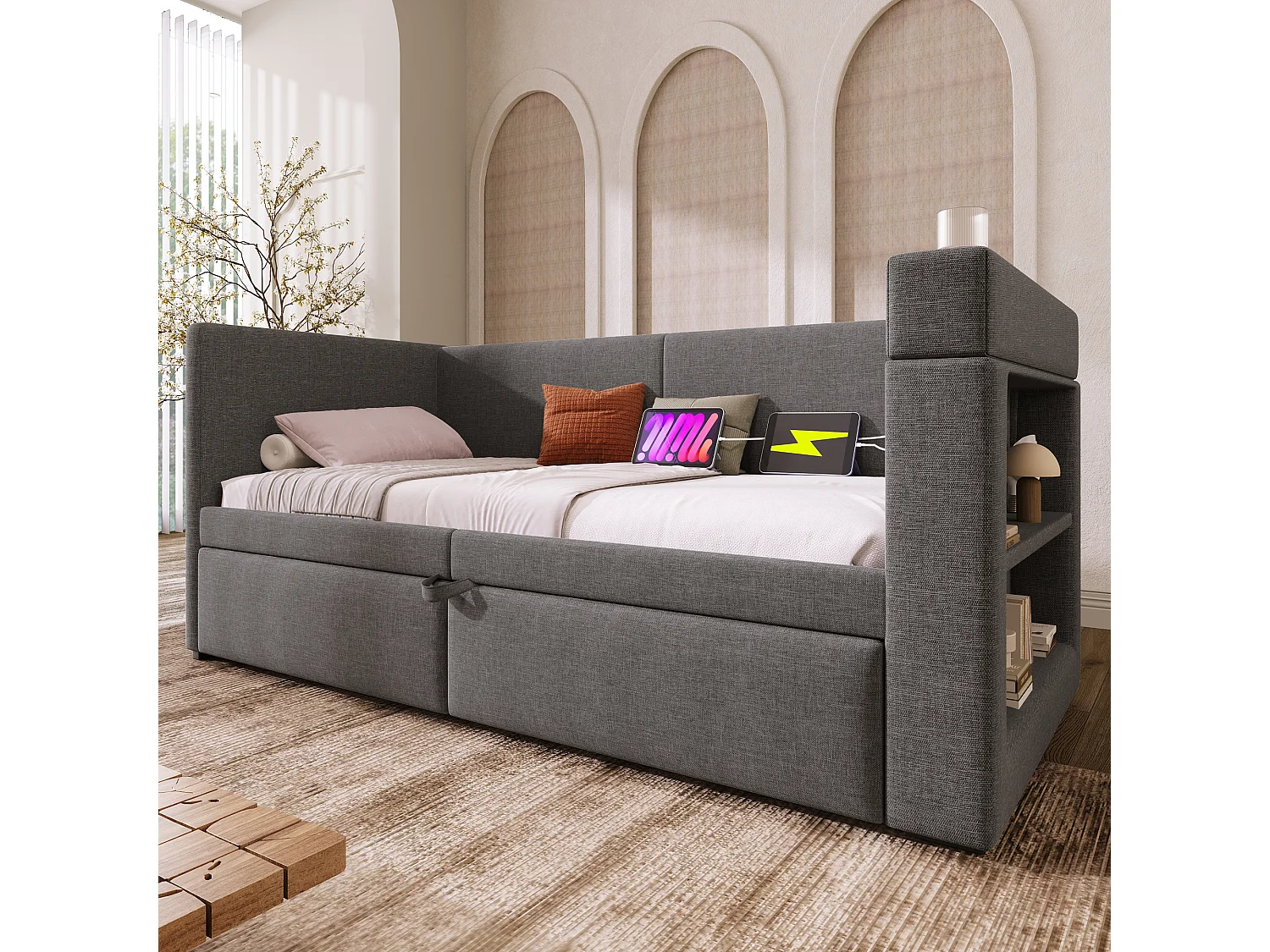 Canapé Lit 90x200 Gris, 1 Pers, Tiroir Coulissant, Bras USB C, Tissu Toile, Matelas Non Inclus