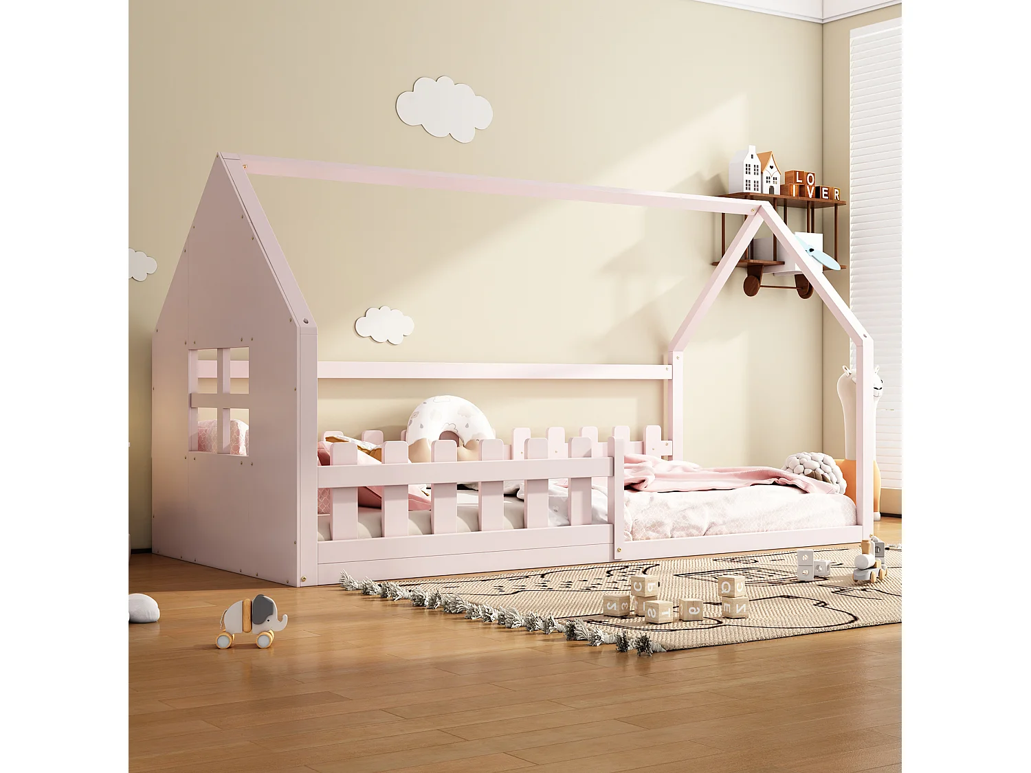 Lit enfant 90 x 200 cm, lit cabane, cadre en pin et MDF, lit au sol forme maison, sommier inclus, rose