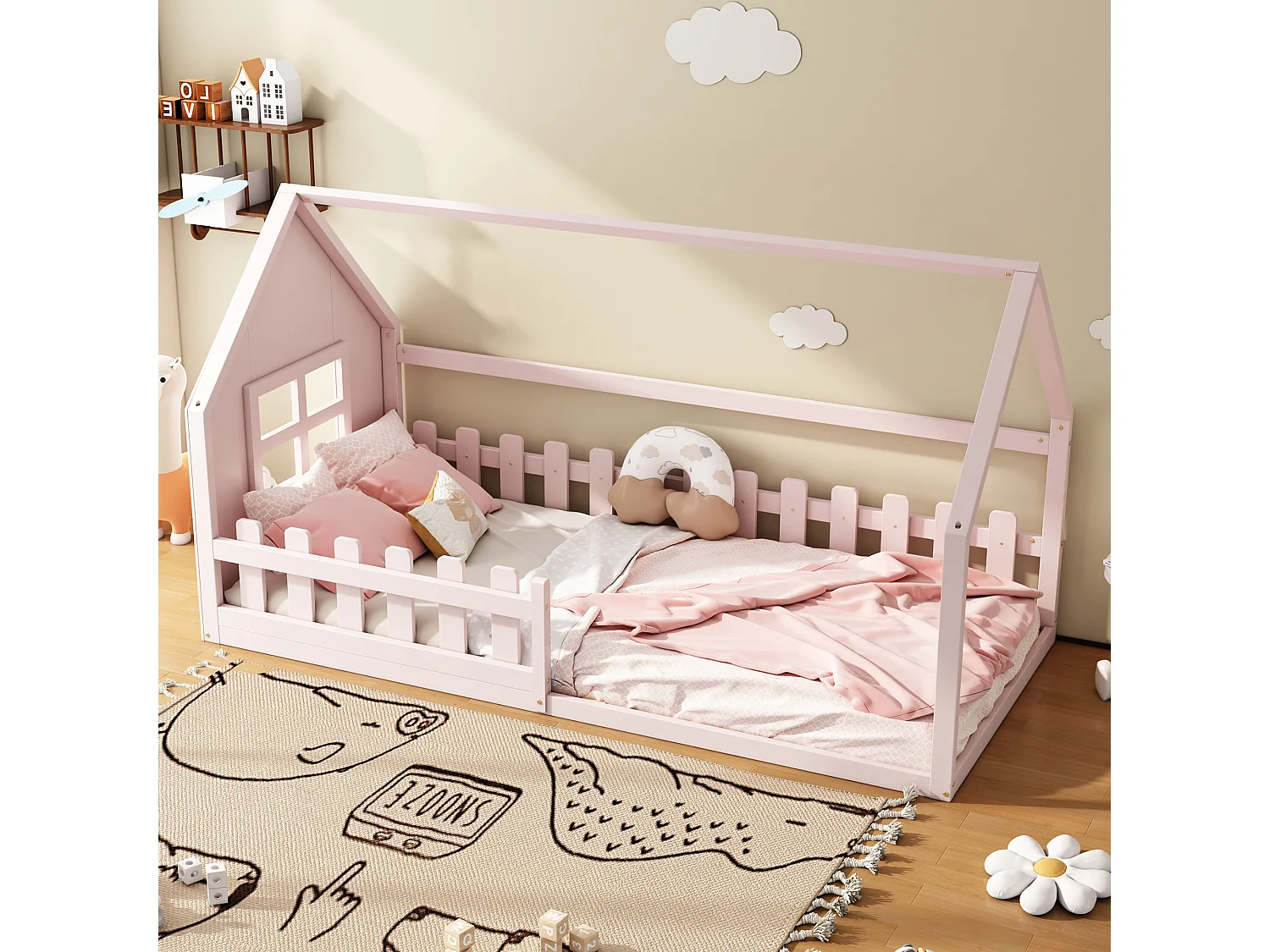 Lit enfant 90 x 200 cm, lit cabane, cadre en pin et MDF, lit au sol forme maison, sommier inclus, rose