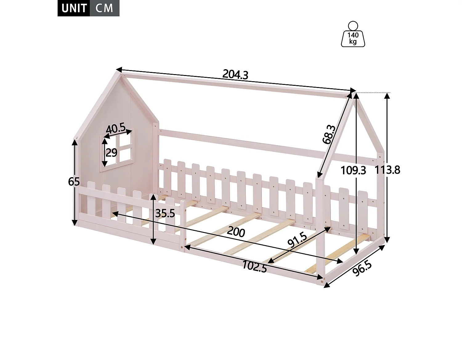 Lit enfant 90 x 200 cm, lit cabane, cadre en pin et MDF, lit au sol forme maison, sommier inclus, rose