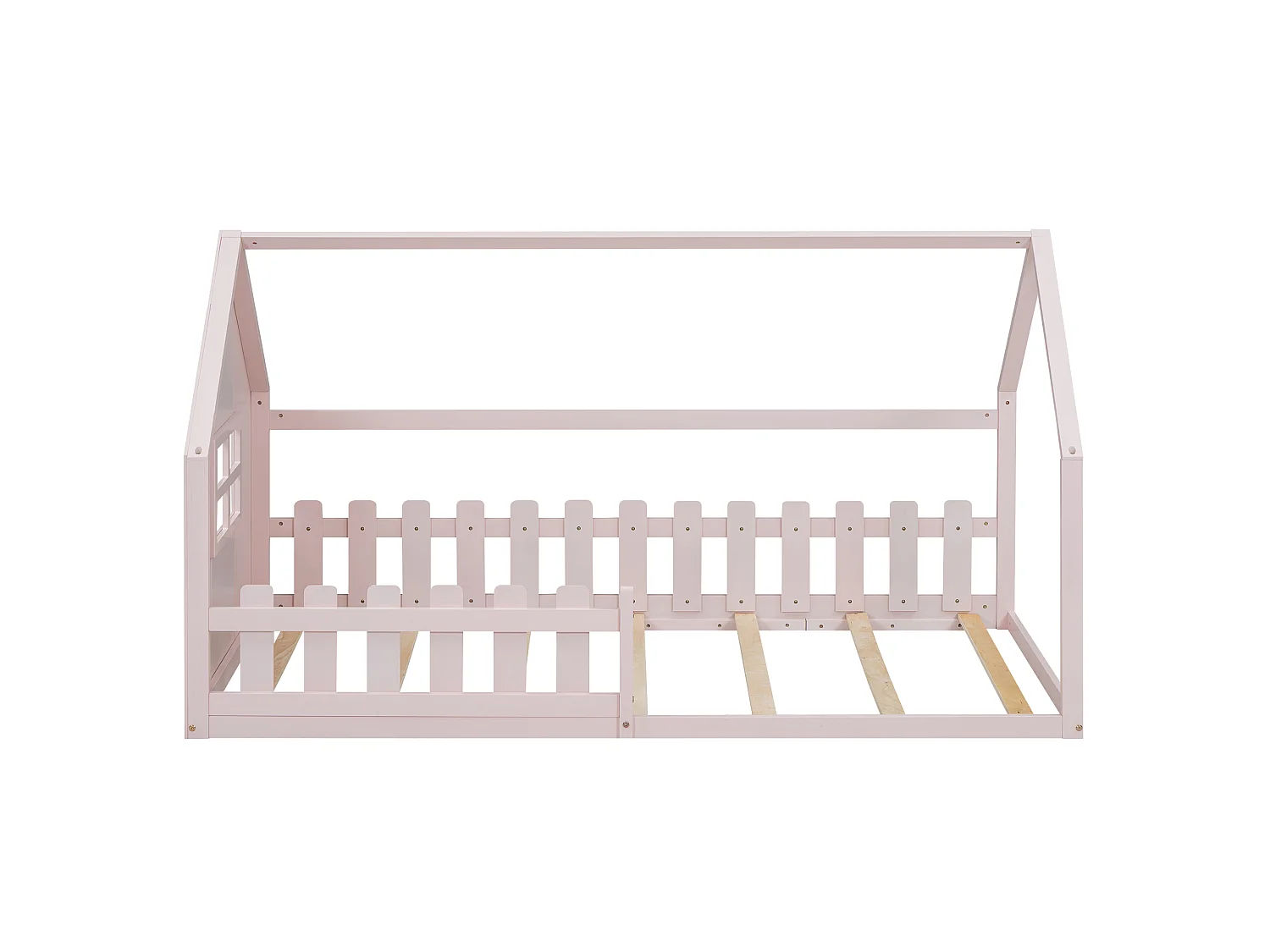 Lit enfant 90 x 200 cm, lit cabane, cadre en pin et MDF, lit au sol forme maison, sommier inclus, rose