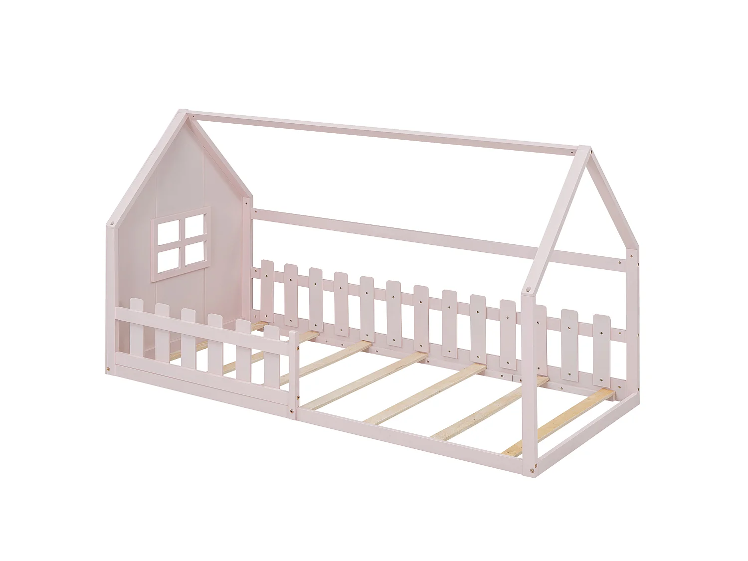 Lit enfant 90 x 200 cm, lit cabane, cadre en pin et MDF, lit au sol forme maison, sommier inclus, rose