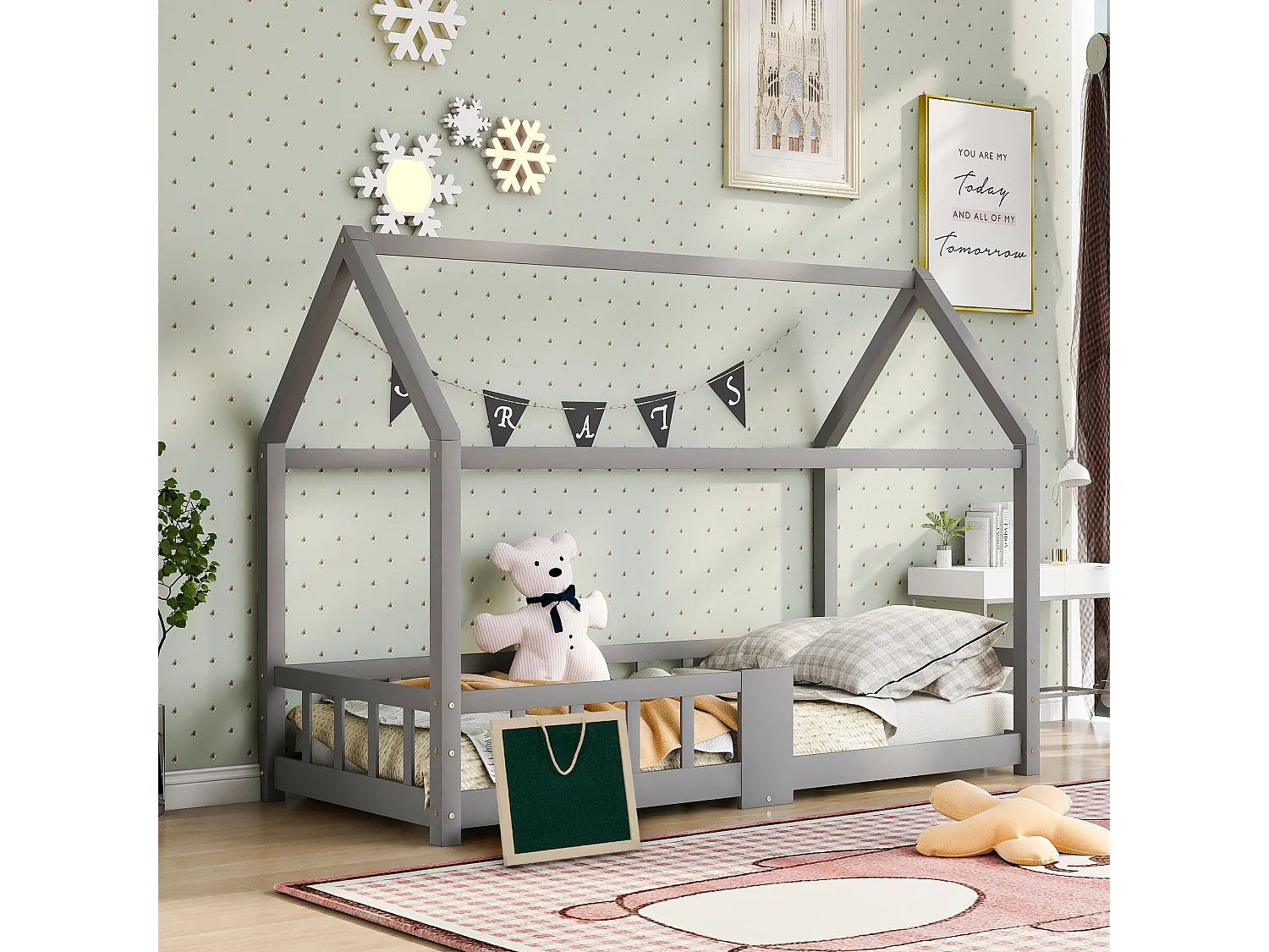 Lit cabane enfant 90x200 cm, en bois de pin, avec tableau, sommier à lattes et barrière de sécurité, gris