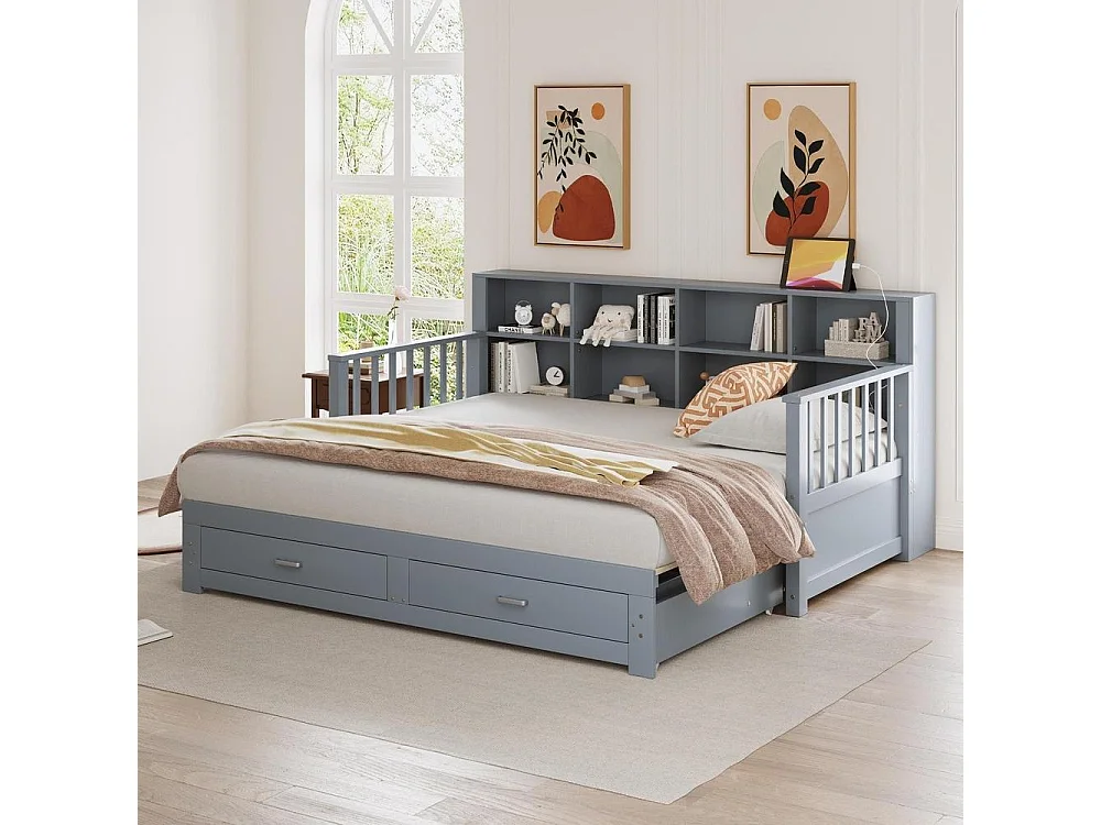 Canapé-lit extensible 90x190 cm, lit 180x190 cm, rangement avec tiroirs, étagères intégrées, prise USB, bois massif, durable, gris