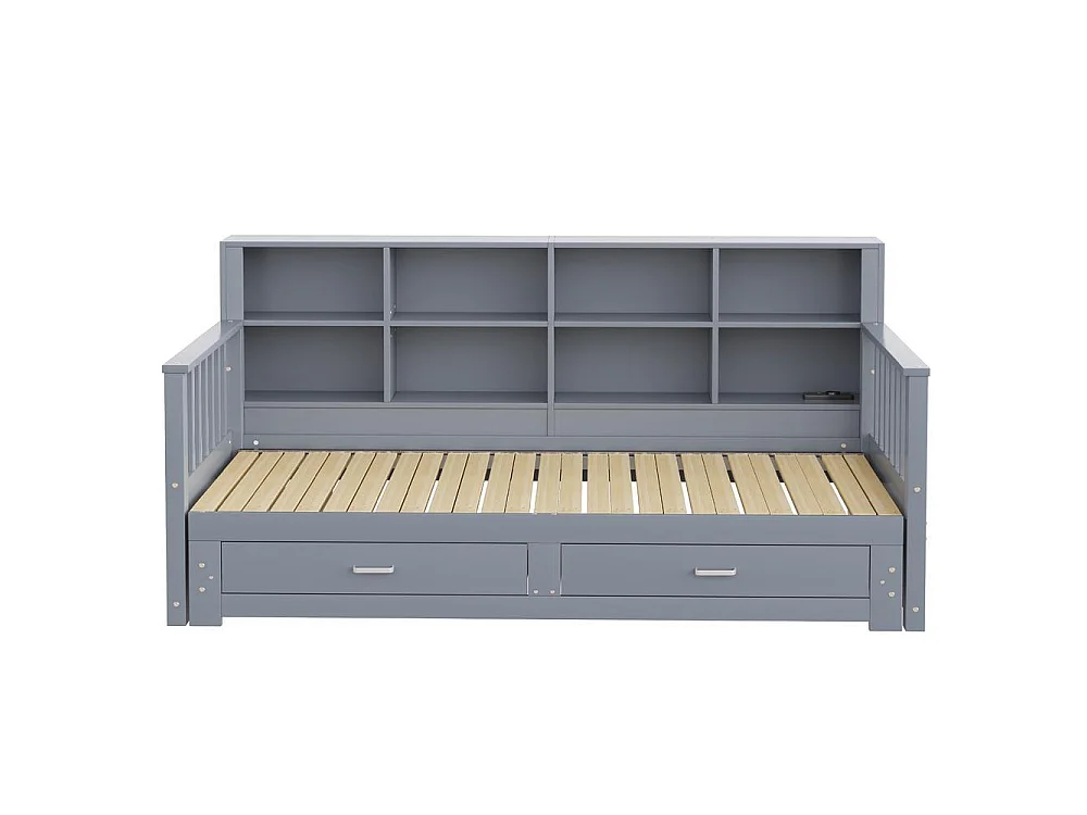 Canapé-lit extensible 90x190 cm, lit 180x190 cm, rangement avec tiroirs, étagères intégrées, prise USB, bois massif, durable, gris