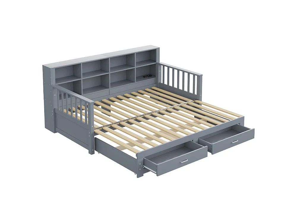 Canapé-lit extensible 90x190 cm, lit 180x190 cm, rangement avec tiroirs, étagères intégrées, prise USB, bois massif, durable, gris
