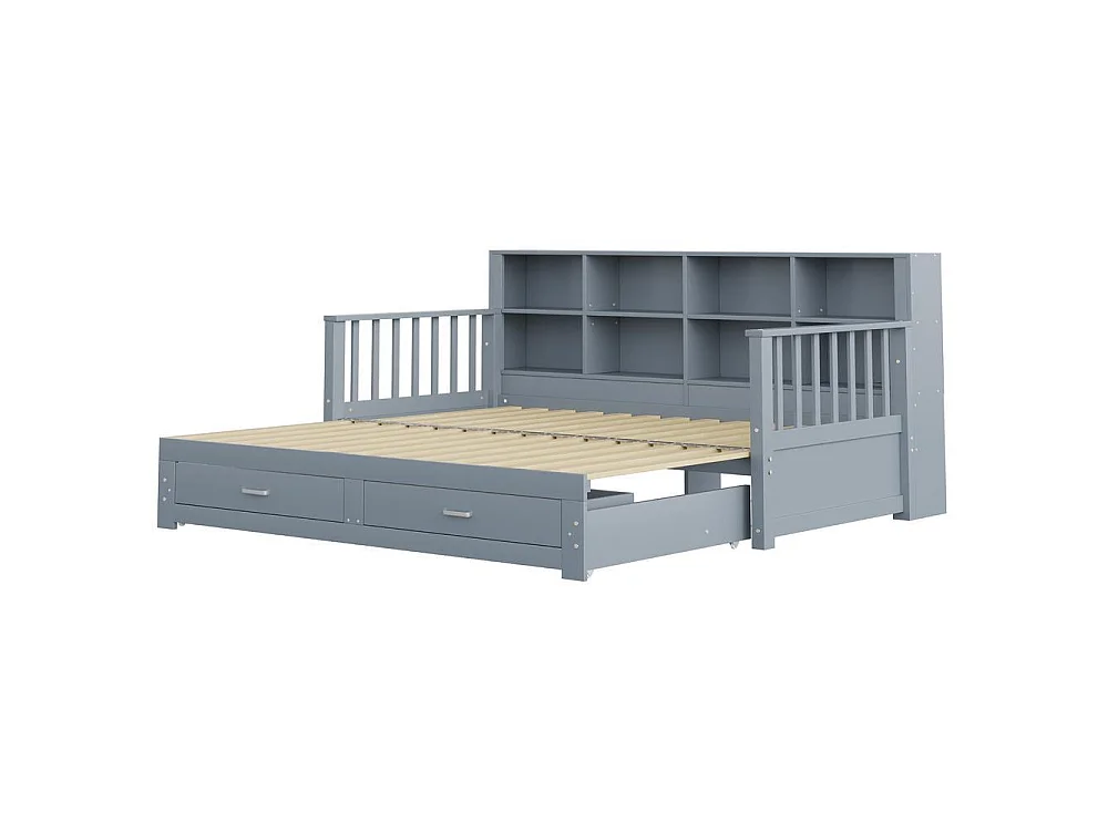Canapé-lit extensible 90x190 cm, lit 180x190 cm, rangement avec tiroirs, étagères intégrées, prise USB, bois massif, durable, gris
