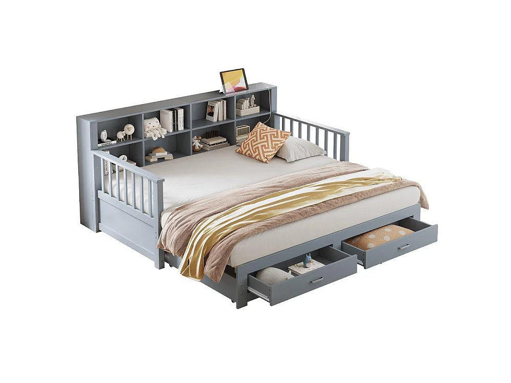 Canapé-lit extensible 90x190 cm, lit 180x190 cm, rangement avec tiroirs, étagères intégrées, prise USB, bois massif, durable, gris