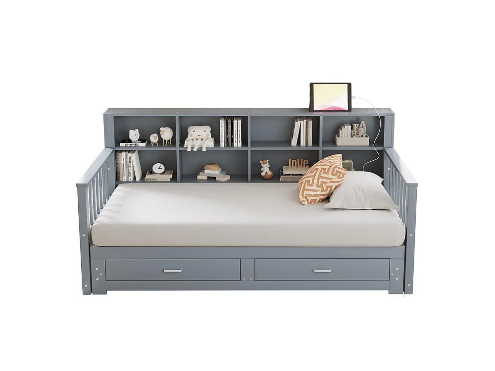Canapé-lit extensible 90x190 cm, lit 180x190 cm, rangement avec tiroirs, étagères intégrées, prise USB, bois massif, durable, gris