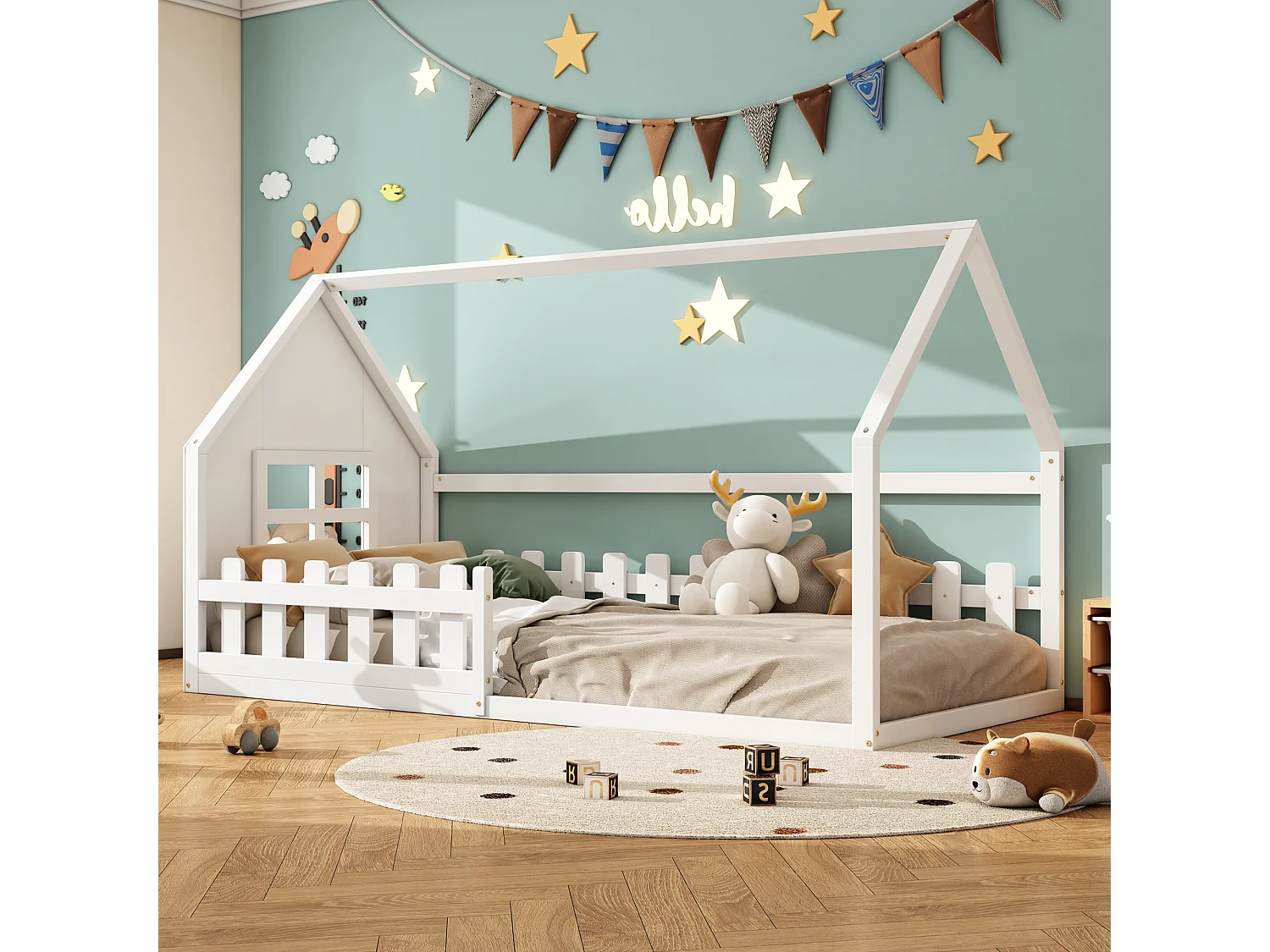 Lit enfant 90 x 200 cm, lit cabane, cadre en pin et MDF, lit au sol forme maison, sommier inclus, blanc