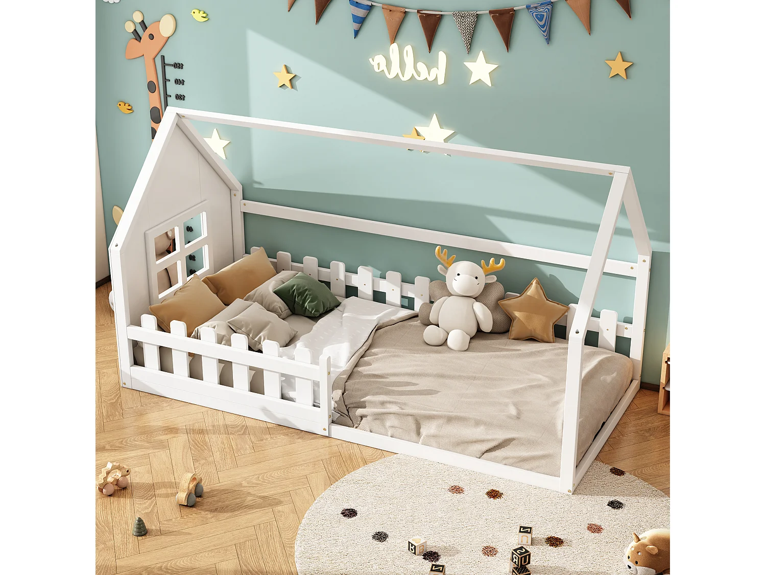 Lit enfant 90 x 200 cm, lit cabane, cadre en pin et MDF, lit au sol forme maison, sommier inclus, blanc