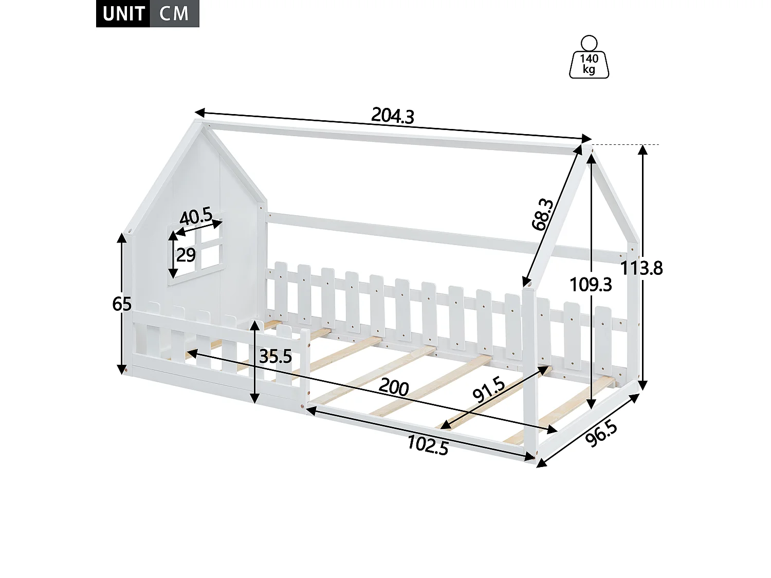 Lit enfant 90 x 200 cm, lit cabane, cadre en pin et MDF, lit au sol forme maison, sommier inclus, blanc