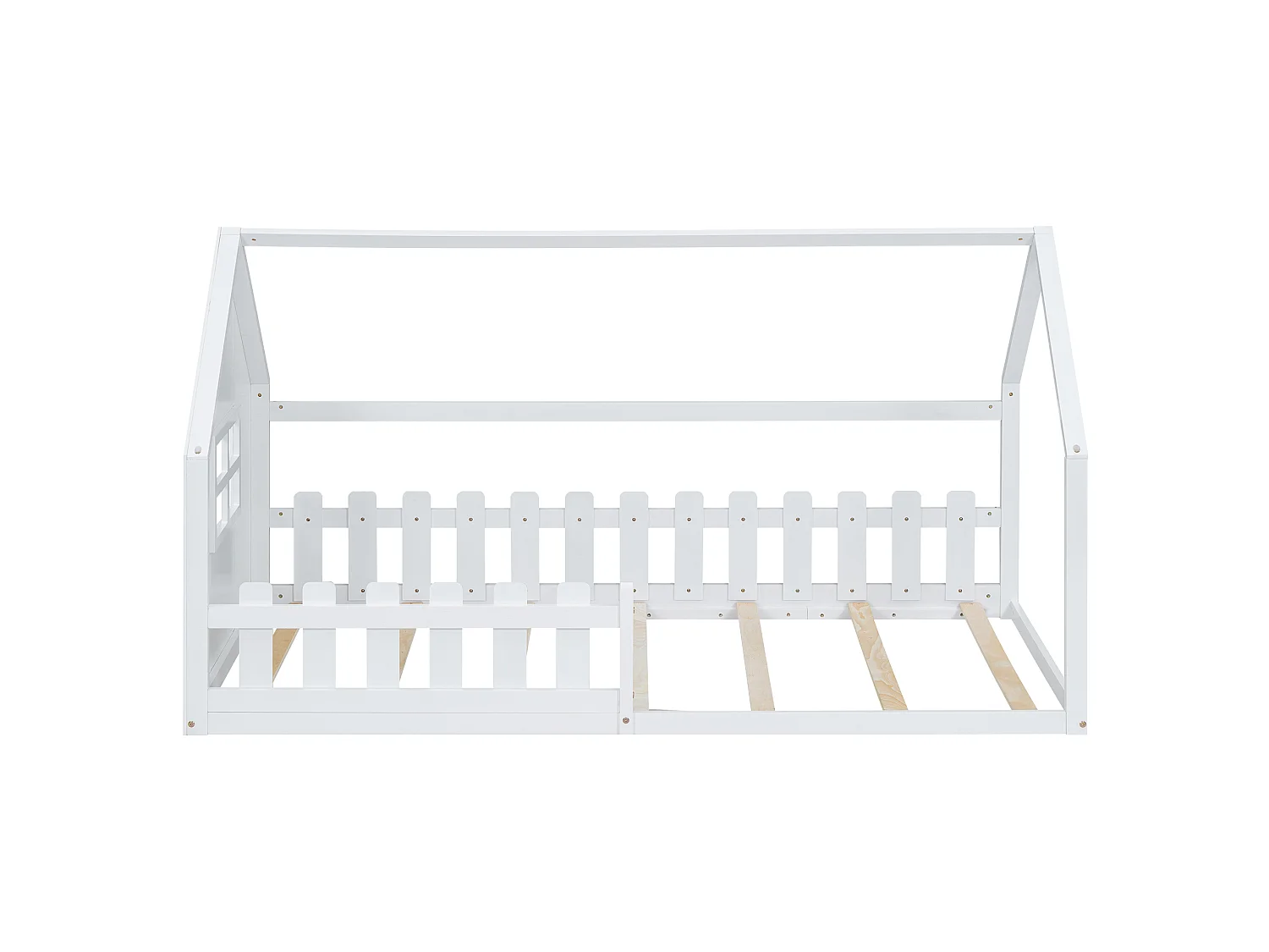 Lit enfant 90 x 200 cm, lit cabane, cadre en pin et MDF, lit au sol forme maison, sommier inclus, blanc