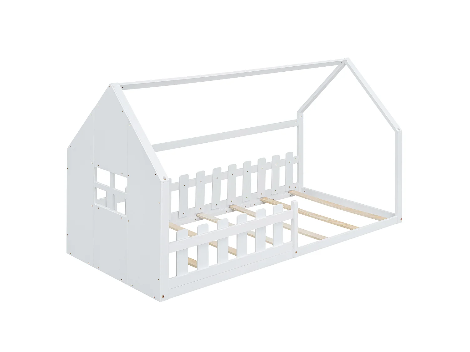 Lit enfant 90 x 200 cm, lit cabane, cadre en pin et MDF, lit au sol forme maison, sommier inclus, blanc