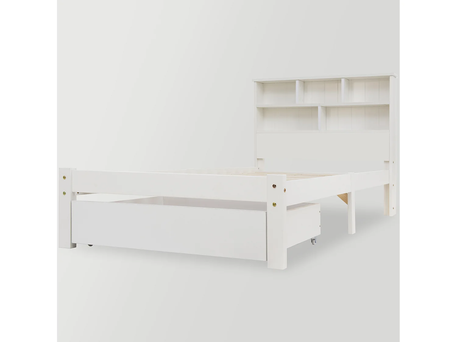 Lit simple 90x200 cm en bois massif, avec tiroirs et sommier à lattes, tête de lit bibliothèque avec rangement, blanc
