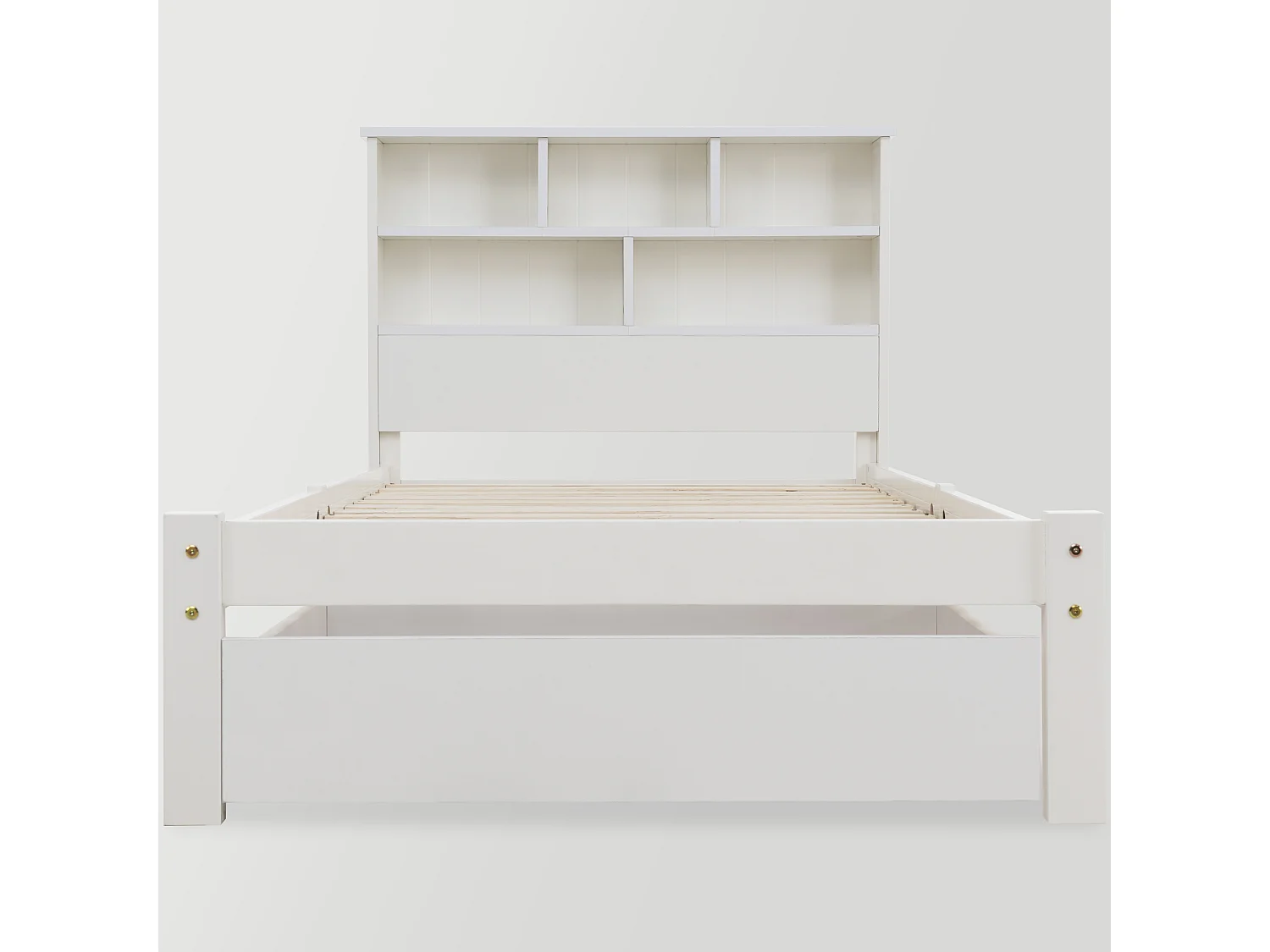 Lit simple 90x200 cm en bois massif, avec tiroirs et sommier à lattes, tête de lit bibliothèque avec rangement, blanc