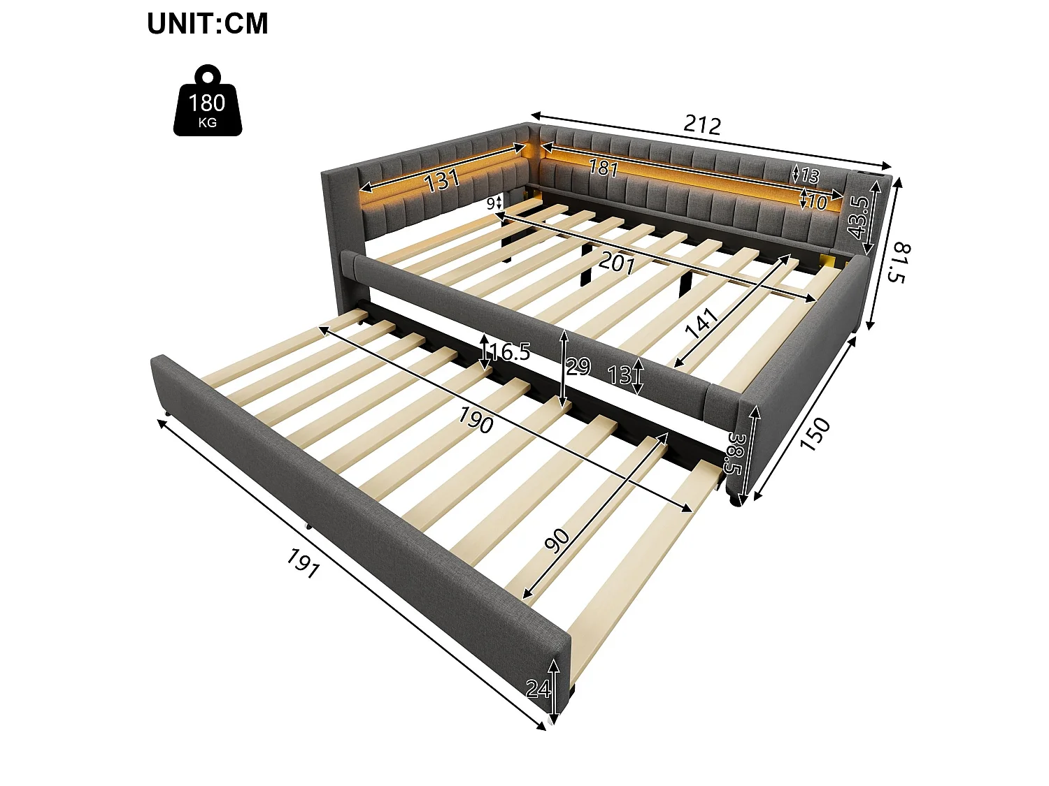 Lit Jour 140x200 cm, Canapé Lit avec Lit Coulissant, LED avec Télécommande, USB Type C, Lin, Sans Matelas, Gris