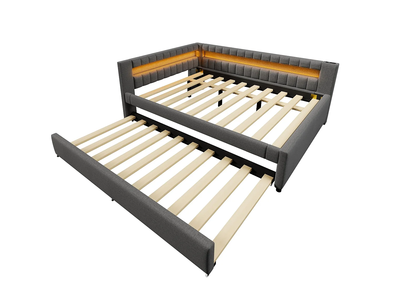 Lit Jour 140x200 cm, Canapé Lit avec Lit Coulissant, LED avec Télécommande, USB Type C, Lin, Sans Matelas, Gris