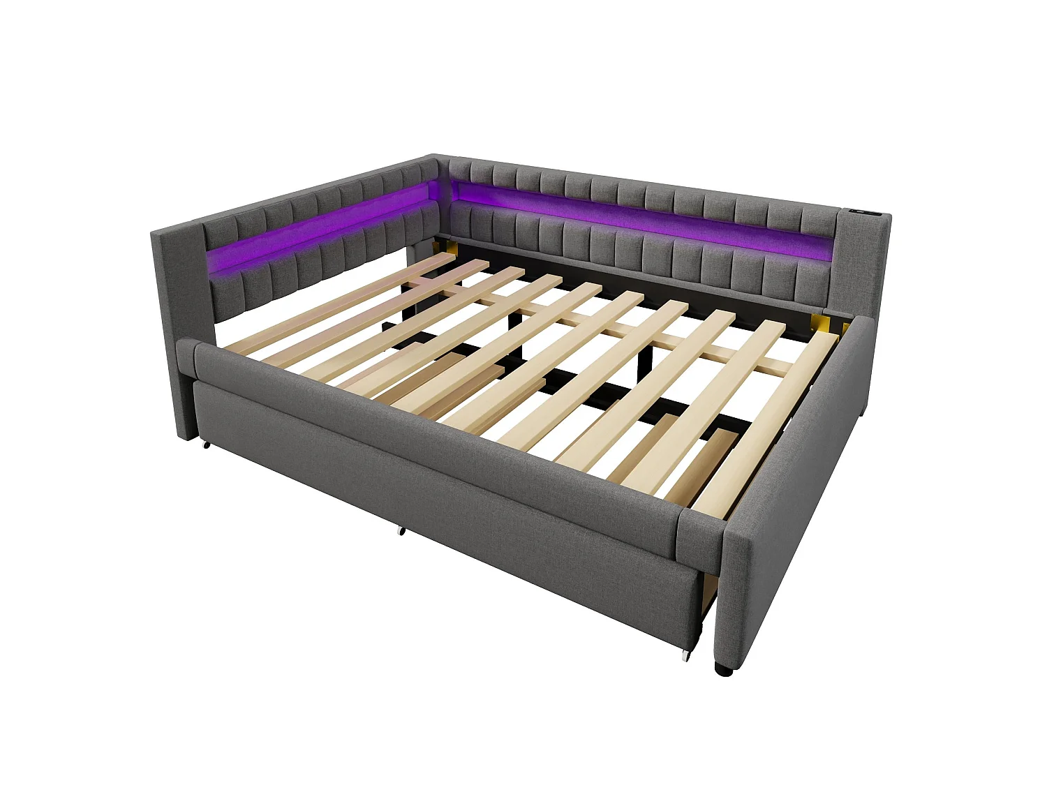 Lit Jour 140x200 cm, Canapé Lit avec Lit Coulissant, LED avec Télécommande, USB Type C, Lin, Sans Matelas, Gris