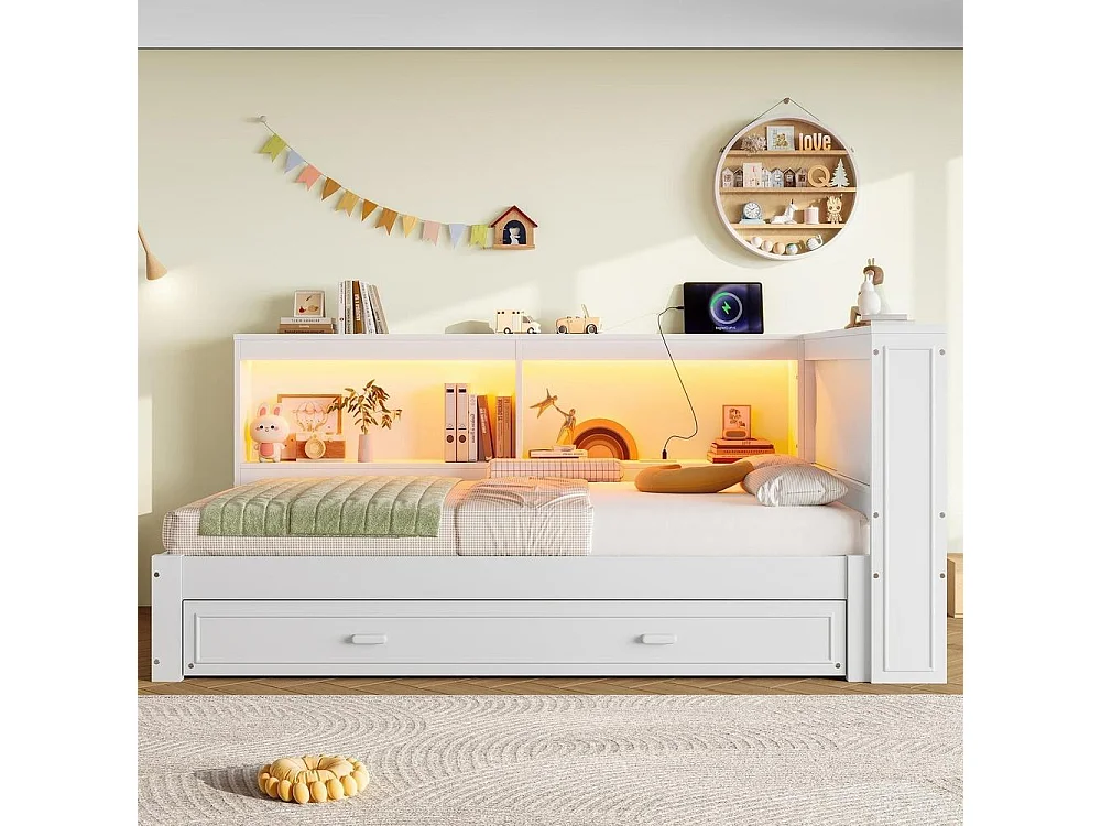 Cama daybed 90x200 cm com cama auxiliar, sofá-cama, LED multicolor, portas USB e Type-C, sem colchão, branca