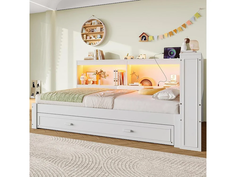Cama daybed 90x200 cm com cama auxiliar, sofá-cama, LED multicolor, portas USB e Type-C, sem colchão, branca