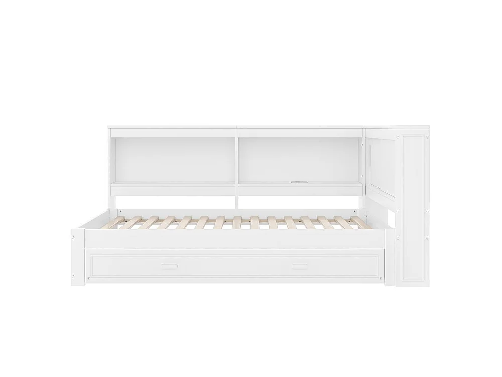Cama daybed 90x200 cm com cama auxiliar, sofá-cama, LED multicolor, portas USB e Type-C, sem colchão, branca