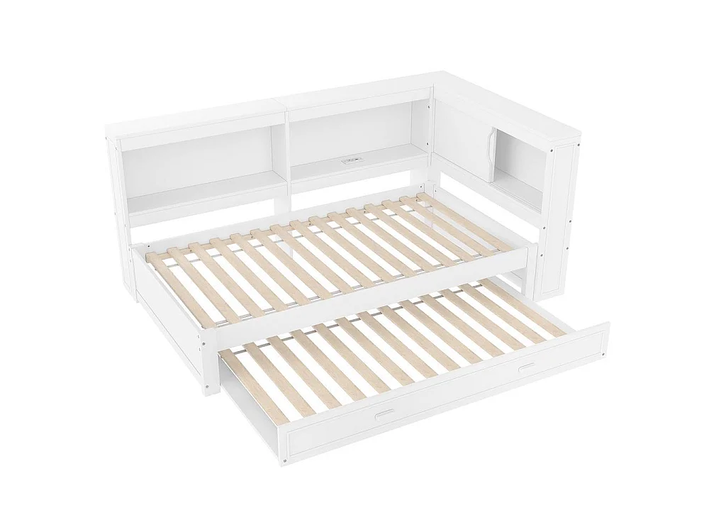 Cama daybed 90x200 cm com cama auxiliar, sofá-cama, LED multicolor, portas USB e Type-C, sem colchão, branca