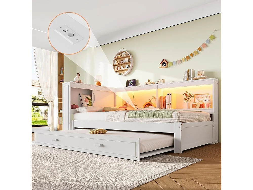 Cama daybed 90x200 cm com cama auxiliar, sofá-cama, LED multicolor, portas USB e Type-C, sem colchão, branca