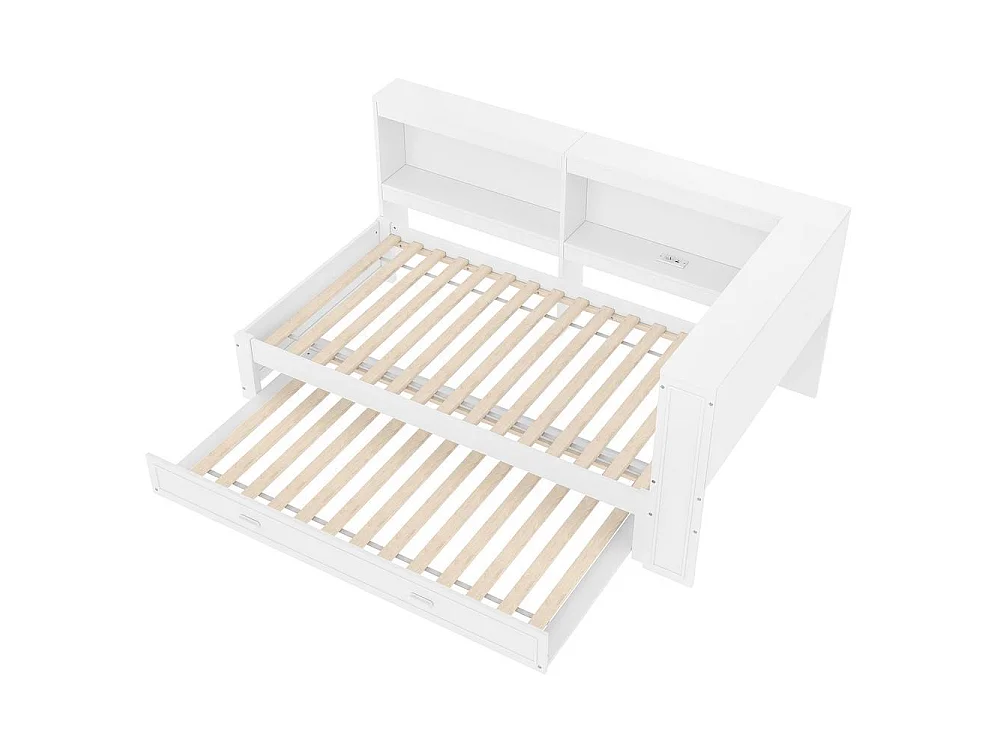 Cama daybed 90x200 cm com cama auxiliar, sofá-cama, LED multicolor, portas USB e Type-C, sem colchão, branca